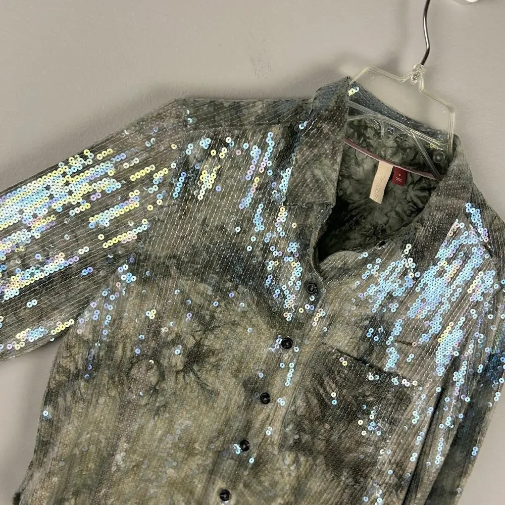 Anthropologie Pilcro Boho Tie Dye Sequin Long Sleeve Button Front Blouse S - Picture 5 of 8